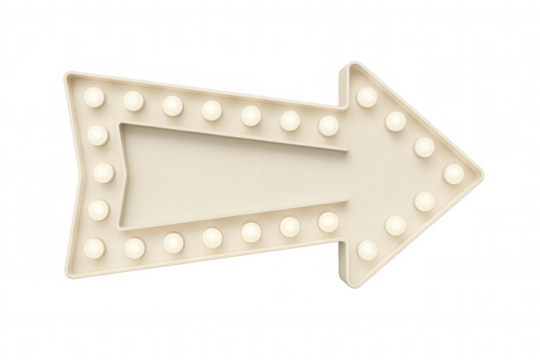 White illuminated arrow sign pointing right with light bulbs on transparent background, perfect for advertising and marketing