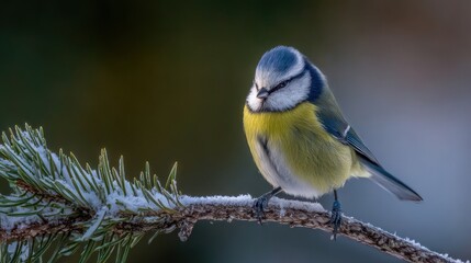 Cute bird perched on a frosted branch.