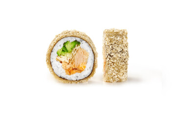 Tempura maki sushi rolls with salmon, cucumber and cream cheese on white background