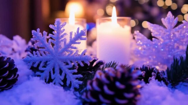 Elegant Festive Arrangement with Candles, Snowflake, and Pinecones for Winter Holiday