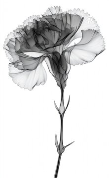 Carnation Flower Realistic X-Ray, Birth Flower, January Flower, Black and White Botany Art
