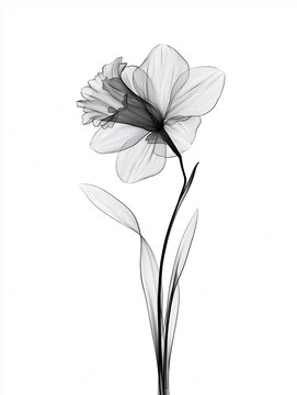 Daffodil Flower Realistic X-Ray, Birth Flower, March Flower, Black and White Botany Art