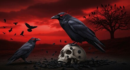 Ominous Ravens Perched on Skull, Red Sky, Dark Fantasy Art