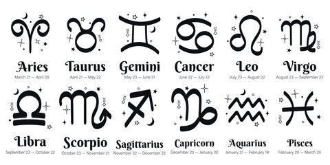 Vector image of zodiac signs icons. Concept of fortune telling by tarot cards and horoscope forecasts. Element for your design