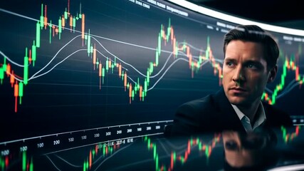 Business professional analyzing stock market trends on a digital screen in a modern office - Powered by Adobe