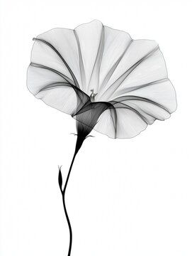 Morning Glory Flower Realistic X-Ray, Birth Flower,  September Flower, Black and White Botany Art