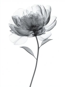 Peony Flower Realistic X-Ray, Birth Flower,  November Flower, Black and White Botany Art