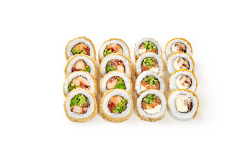 Sushi rolls with sesame seeds, salmon, cucumber, cream cheese, and shrimps on white background