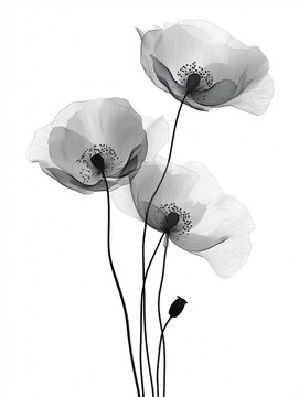 Three Poppy Flowers Realistic X-Ray, Birth Flower,  August Flower, Black and White Botany Art