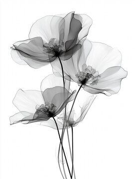 Primrose Flowers Realistic X-Ray, Birth Flower,  February Flower, Black and White Botany Art