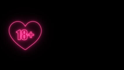 Neon glowing 18+ sign illustration on black background.	