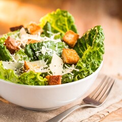 A gourmet Caesar salad with crisp organic romaine, flaky parmesan, and golden artisan croutons, bursting with bold savory flavor, perfect for food photography and stock images.