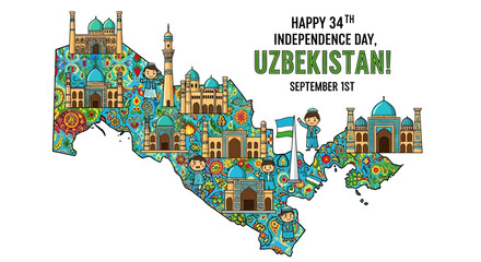 Uzbekistan's 34th Independence Day celebration depicted with landmarks and cultural elements on a map, featuring a child waving the national flag.