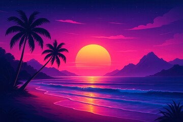 Golden sunset over a tropical beach with palm trees and calm ocean waves