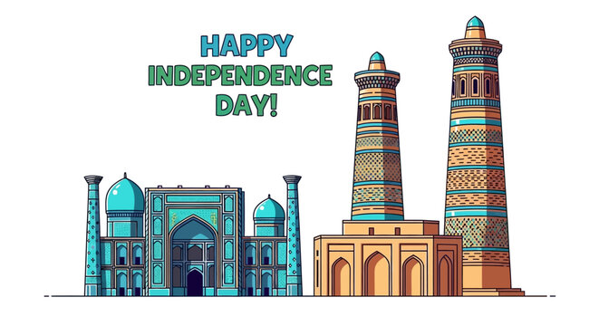 Illustration of Uzbek architecture, including a madrasah and minarets, celebrating Independence Day with teal and beige colors on a white background.