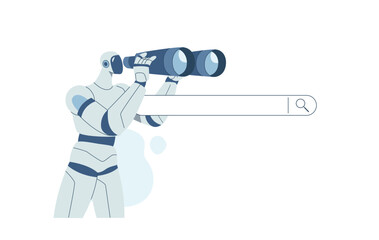 Robot searching online information with binoculars on browser bar.