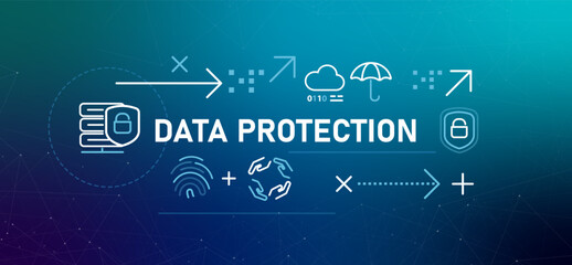 Data Protection banner illustration line icons representing digital security concepts safeguarding sensitive user information cybersecurity ensuring data privacy against unauthorized access