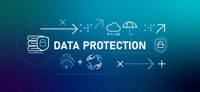 Data Protection banner illustration line icons representing digital security concepts safeguarding sensitive user information cybersecurity ensuring data privacy against unauthorized access