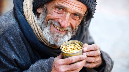 Homeless man eating canned food on street, poverty and survival scene
