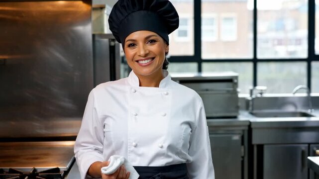 Professional Hispanic female chef smiling confidently in modern commercial restaurant kitchen wearing traditional white uniform and black toque hat