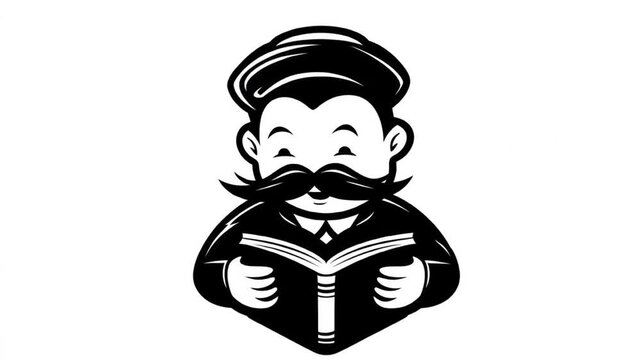 Mustache man in suit reading a book in black and white vector graphic