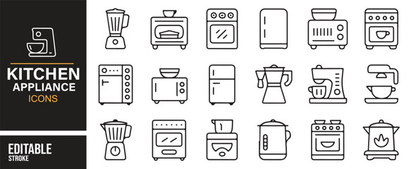 Modern vector icons of kitchen appliances for food, cafe, and restaurant projects.