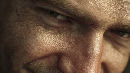 Fototapeta premium Close-up of a Caucasian male with intense eyes and textured skin, displaying a mysterious smile.