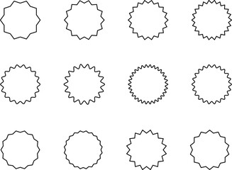 Set of sale sticker, price tag, starburst, sunburst badges, quality mark, sunburst badges, retro stars. Wavy edge. Star burst shape. Promo stickers with star edges. Sale or discount. Vector or PNG