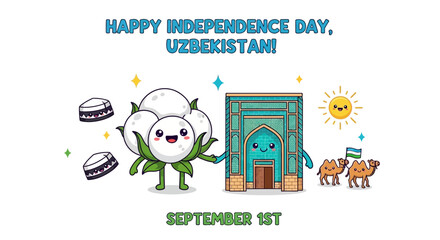 Cartoon illustration celebrating Uzbekistan's Independence Day with a cotton plant, a building, camels, and the sun, all with smiling faces.