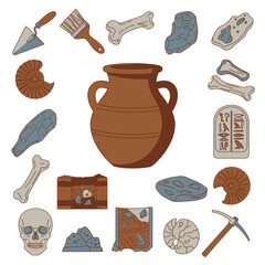 Illustration of various archaeological finds, including pottery, bones, fossils, and tools.