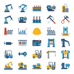 Collection of industrial icons representing various manufacturing processes and equipment.