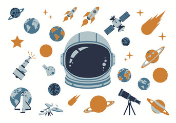 An illustration featuring an astronaut helmet and various space objects.
