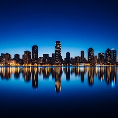 City skyline reflected in calm water at night.