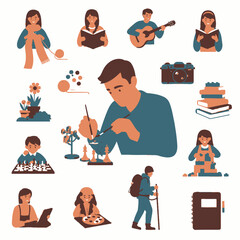 Fototapeta premium Colorful illustration showcasing various hobbies and activities enjoyed by people of different ages.