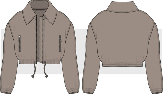 Unisex cropped casual jacket with pocket and zipper detail. flat sketch technical drawing, vector, illustration. Front and Back view. Cad, Mockup.