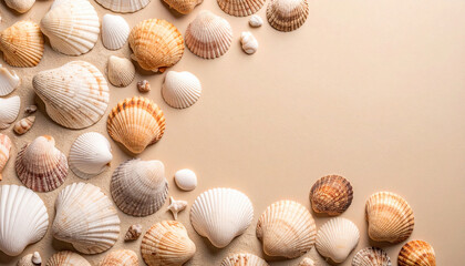 seashells arranged in a calming gradient on soft sand background