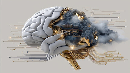 Image showcases futuristic brain design, merging organic and mechanical elements, symbolizing integration of technology and human cognition