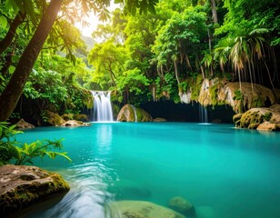 Naklejka premium A reservoir with turquoise water and waterfalls surrounded by stones and green tropical forest plants