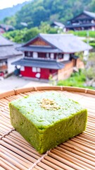 Green confectionary block sits on a bamboo tray, showcasing a blurred background of traditional Asian homes.