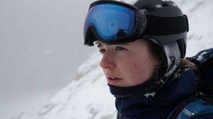 Person wearing helmet and goggles stands in snowy environment, with snowflakes visible in air. individual appears focused and determined, showcasing thrill of winter sports