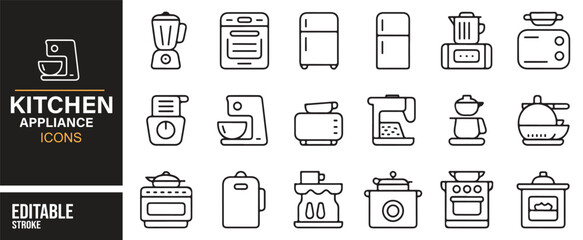 Collection of vector icons for kitchen appliances and household cooking equipment.