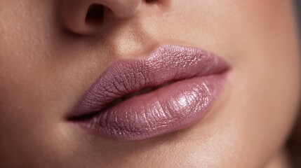 Soft lavender lip color with fine shimmer creates elegant and sophisticated look. micro bokeh effect enhances beauty of lips, showcasing high fidelity finish