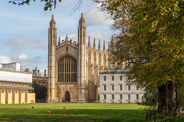 Fototapeta premium Cambridge, England. Western facade of King's College Chapel, built 1446-1515 in late Gothic style, and Gibbs Building by James Gibbs, 1724-1732, viewed from The Backs with green lawns
