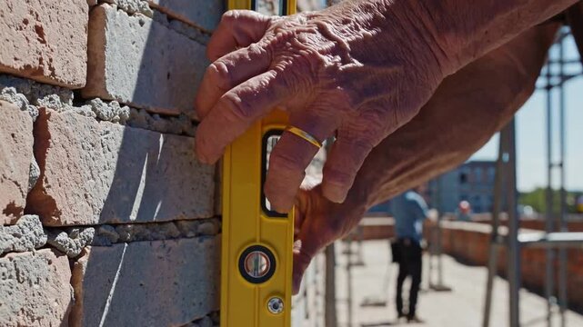 Manual grasp on leveling instrument, with construction activity in the rear