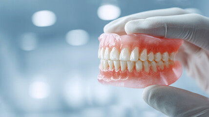 Fototapeta premium Gloved Hand Holding Dental Prosthetic Close-up.