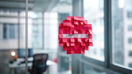 Red sticky notes arranged circular pattern create stop sign concept, symbolizing halt or pause modern office environment. vibrant colors and creative design evoke sense of innovation and focus