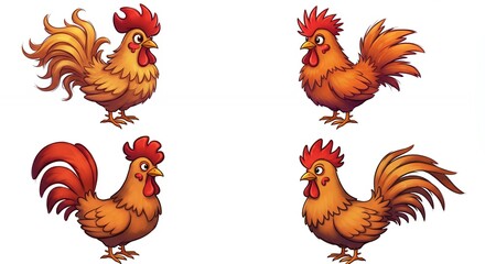 Fototapeta premium Four cute cartoon roosters for childrens books