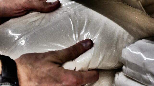 Close-up of male hands picking up a large bag of granulated sugar