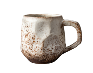 A textured white ceramic mug