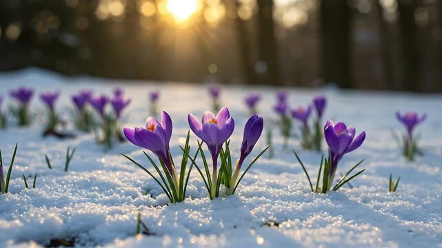 Purple crocuses emerge from snow backlit by sun in blurry woods